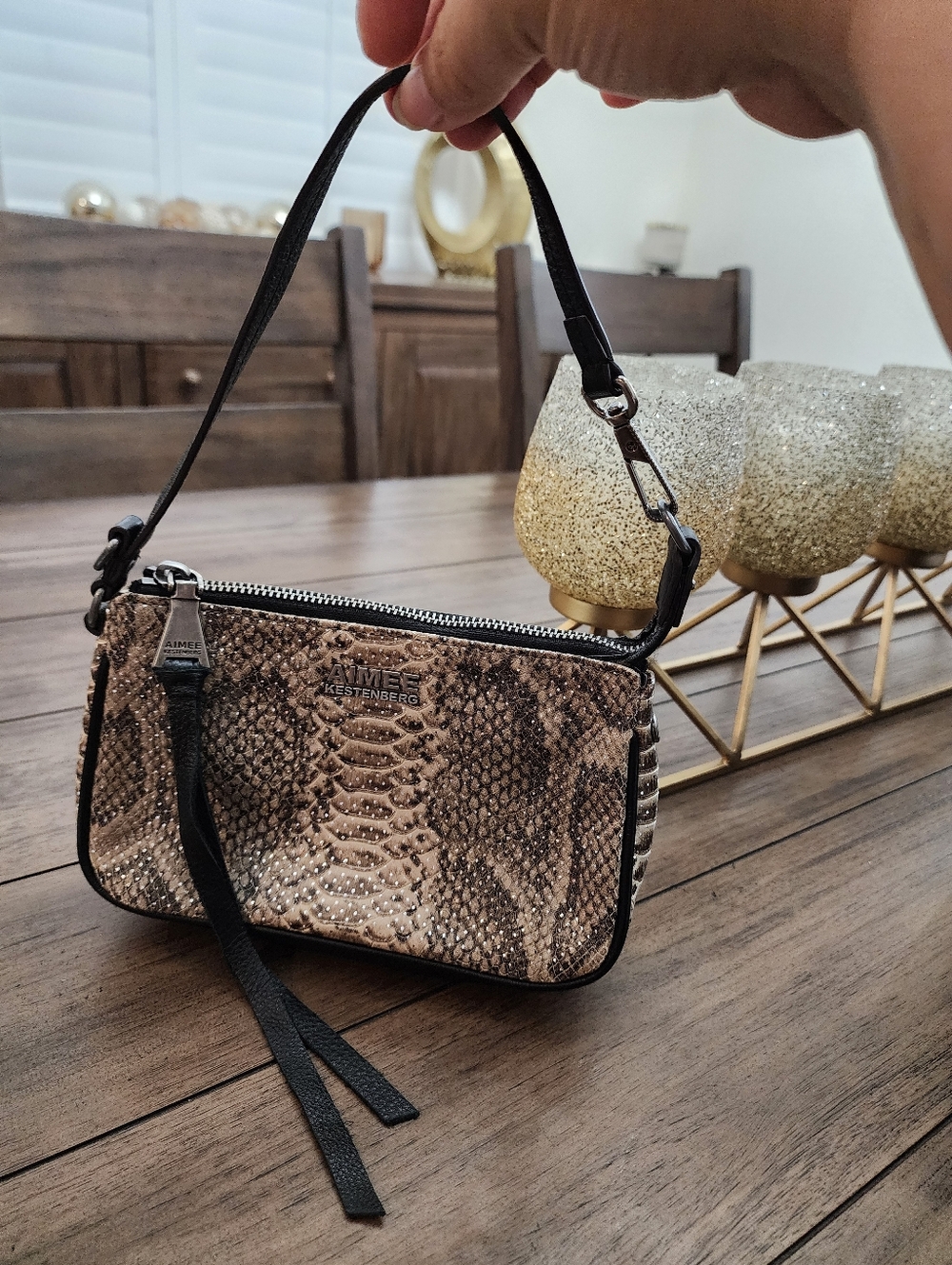 Aimee Kestenberg Tan/Black Snake Print Wristlet/shoulder Bag. Genuine Leather.